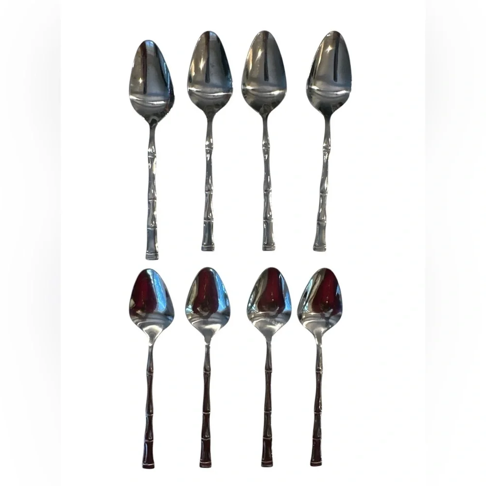 8 Piece VTG Mid Century KOREA Bamboo Stainless Steel Flatware Tablespoons 7.5